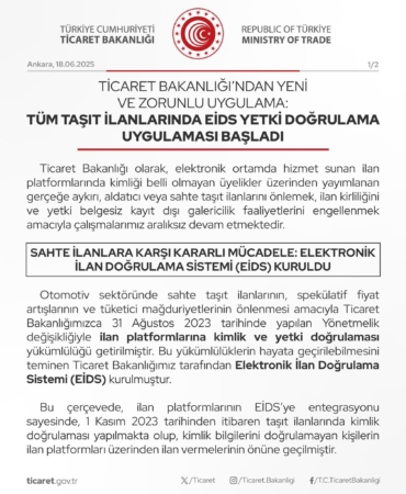 Taşıt İlanlarında EİDS Yetki Doğrulama Dönemi Başladı!