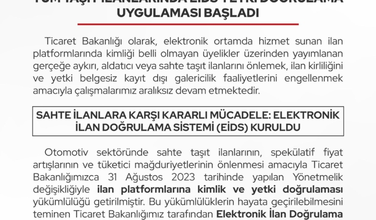 Taşıt İlanlarında EİDS Yetki Doğrulama Dönemi Başladı!