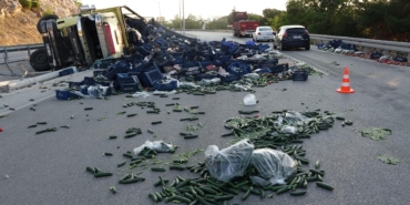 Sebze yüklü kamyon devrildi, sürücü yaralandı